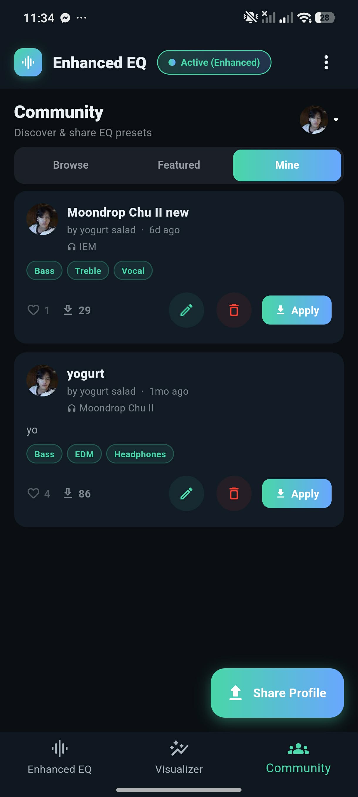 Mine tab showing your published profiles with edit and delete controls